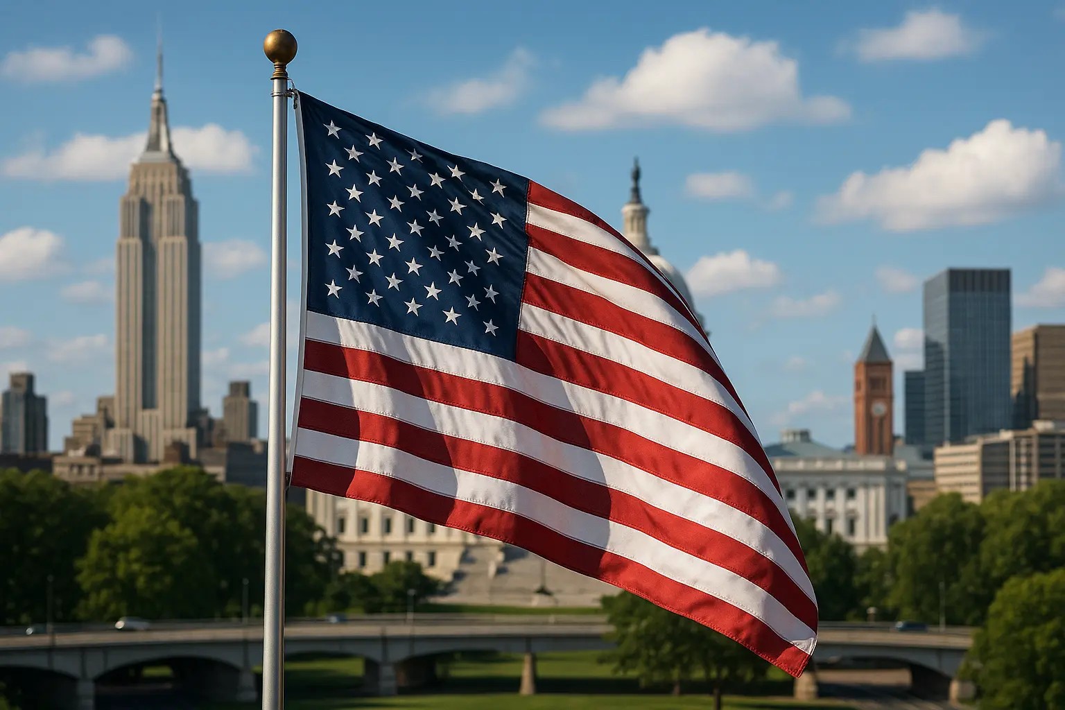 Interkulturelles Training USA - Die amerikanische Flagge vor der Skyline einer US-Metropole